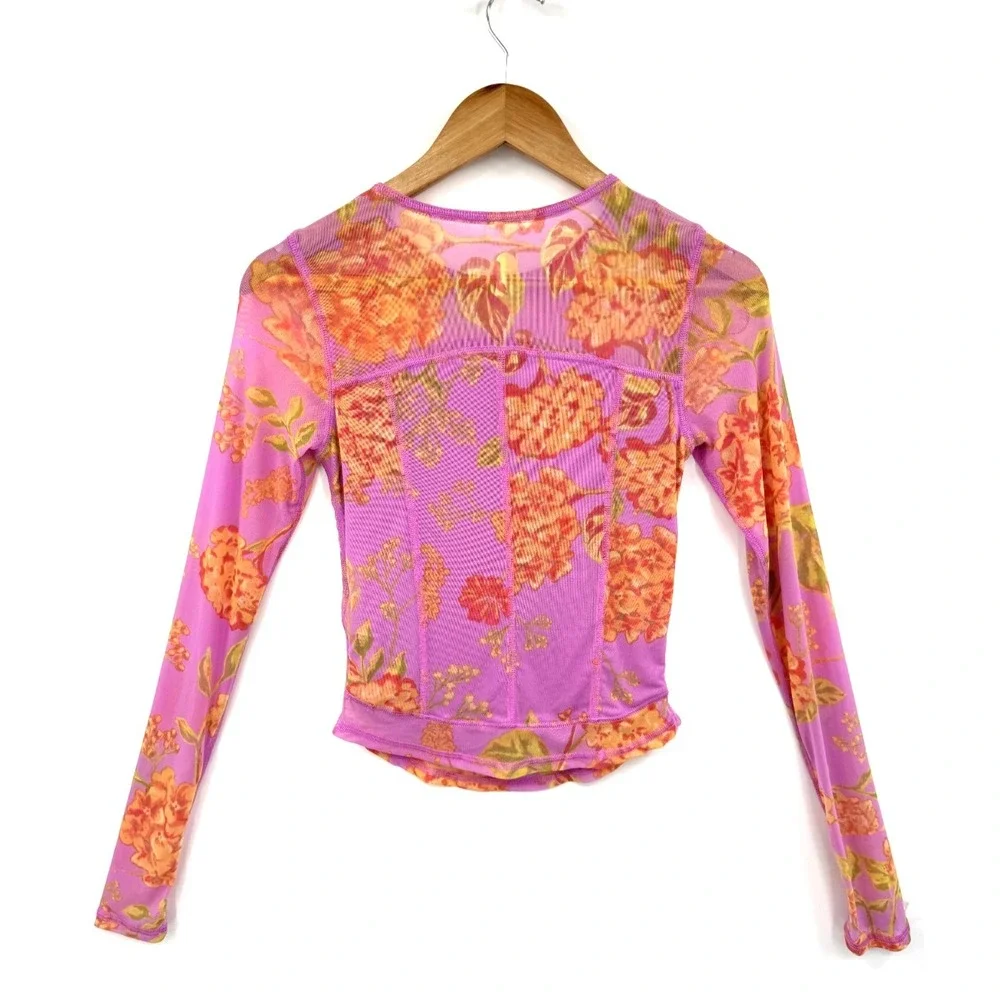 Free People Top Floral Mesh Long Sleeve Pink Orange Sheer Stretch S Fairy Boho